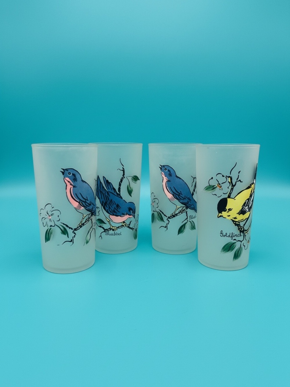 Vintage Anchor Hocking Frosted Songbird Glasses Lot of 4 Bluebird Goldfinch